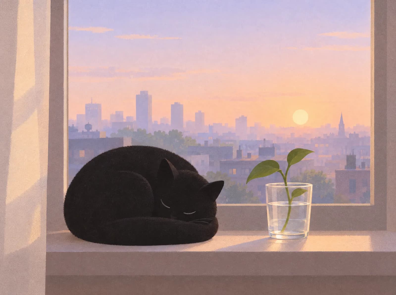 Catori curled up asleep on the windowsill at sunrise, next to the sprout in a glass.
