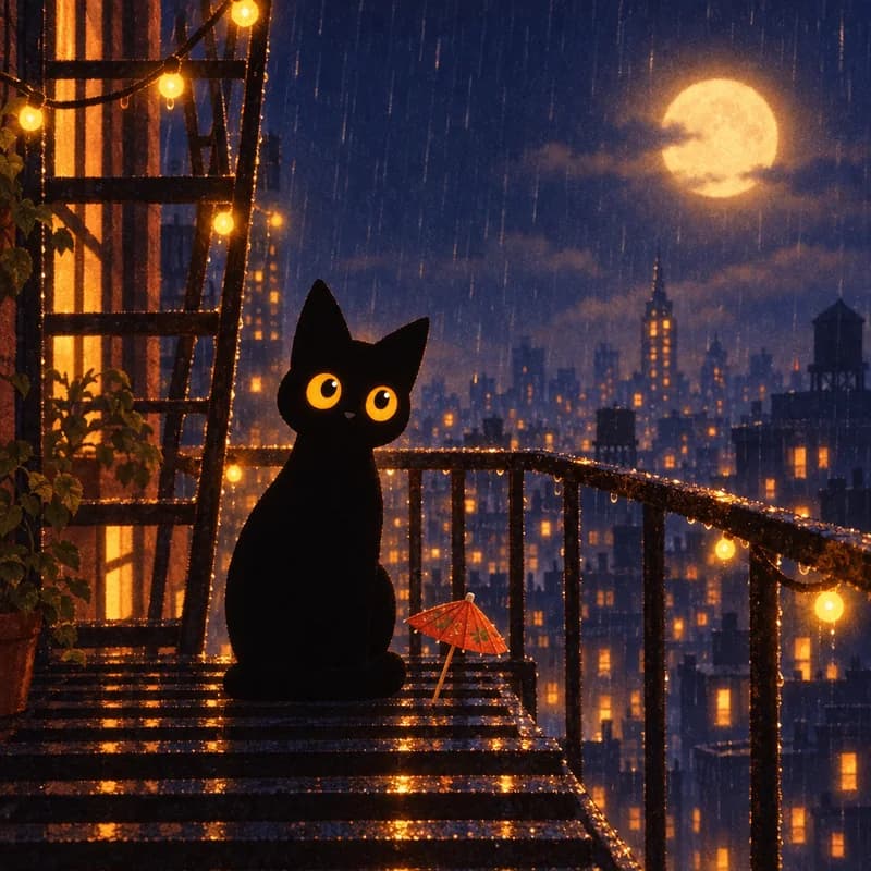 Catori on a fire escape in the rain