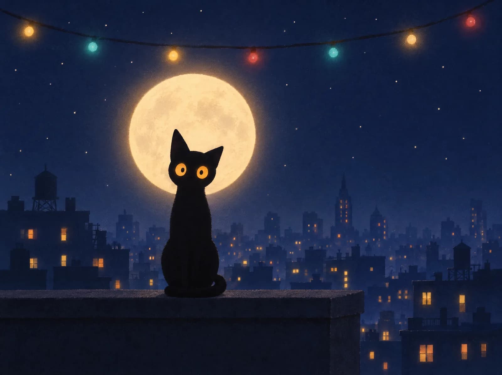 Catori on a rooftop under a full moon